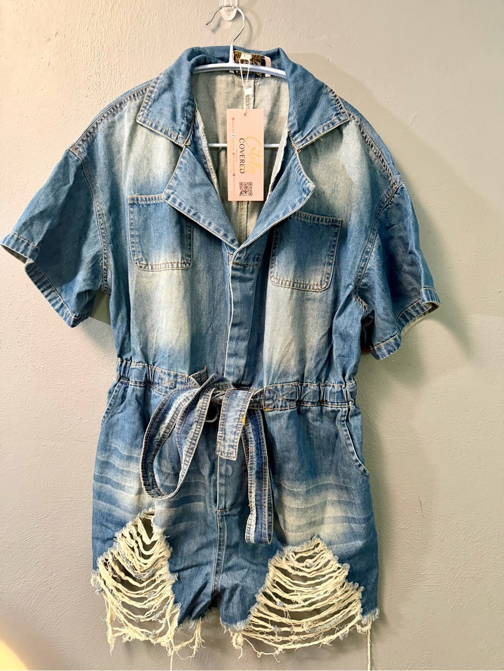 Womenβs ' Blue Denim Romper with Distressed look